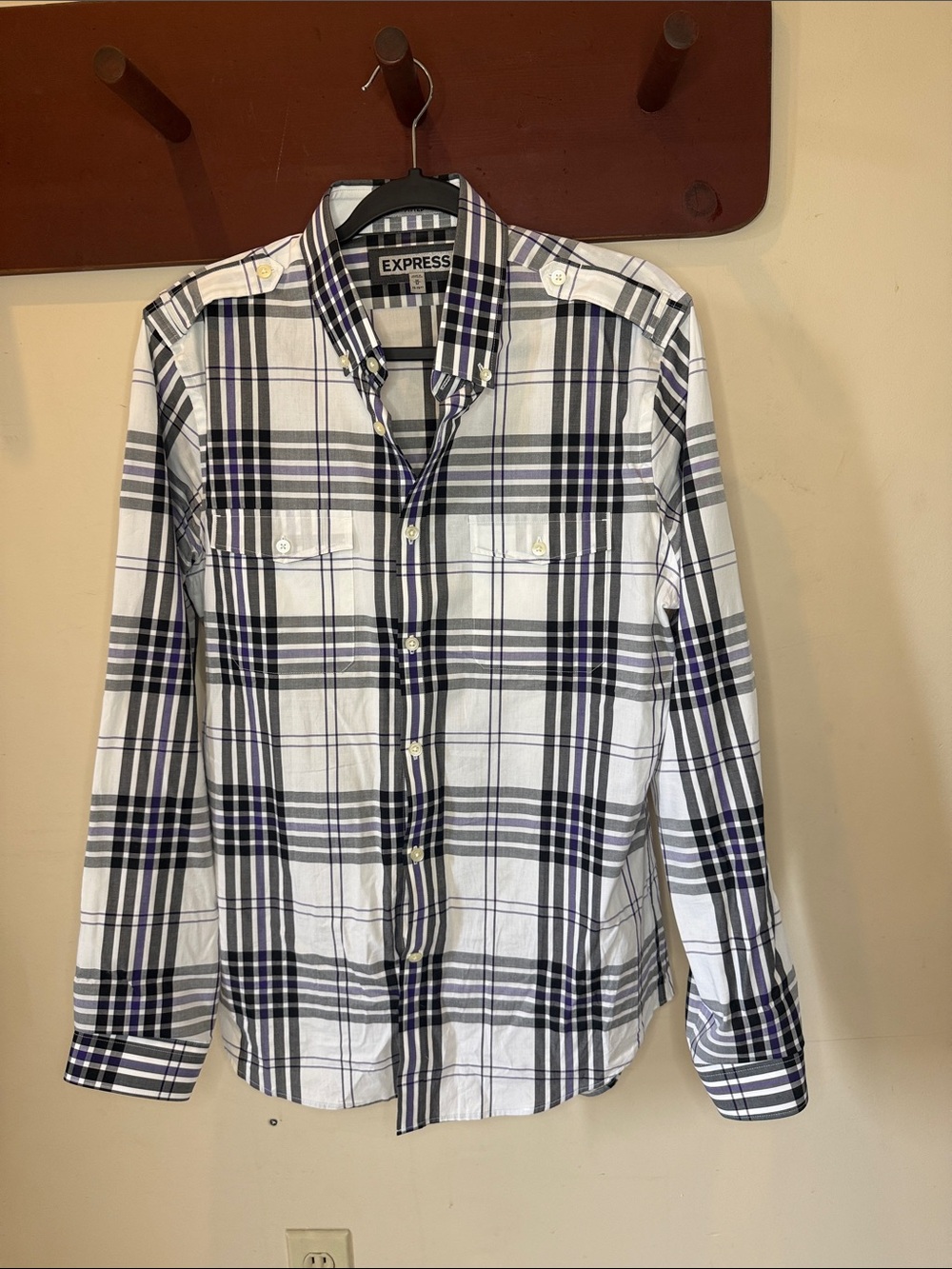 Express Men's White Plaid Button-Down Shirt with Black and Purple Detail
